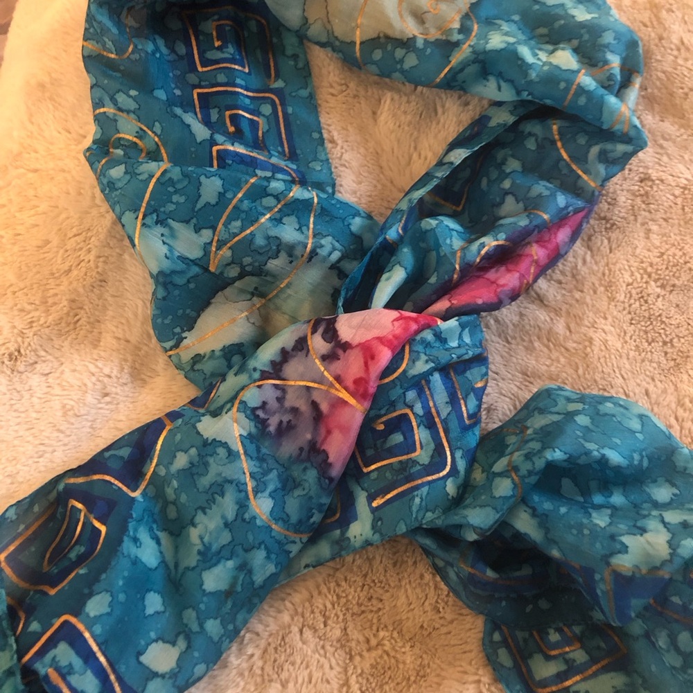 Rima Imar Blue Teal Scarf with Gold Accents and Pink Detail